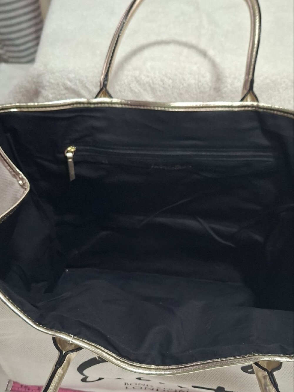 Victoria's Secret Beige and Black Canvas Tote with Gold Chain Trim - Picture 2 of 5